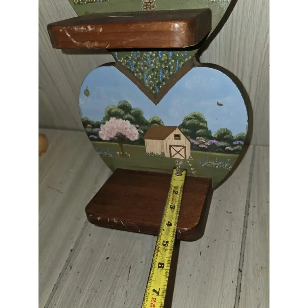 Vintage Handpainted Wood Triple Heart Shelf Country Cottage Scene Beautiful